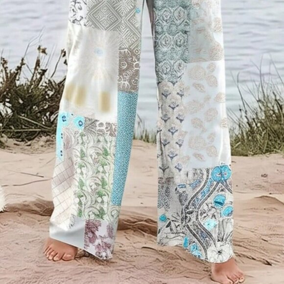 Grey Bohemian Women's Floral Ditsy Floral Patchwork High Waist Loose Pants - Picture 2 of 4